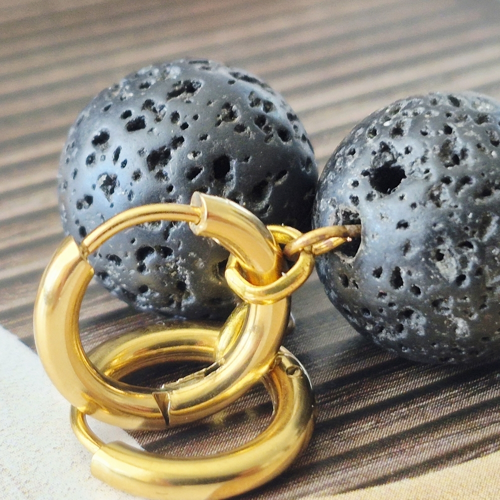 18k Gold Plated Hoop Earrings Black Lava Rock Beads Artisan Made